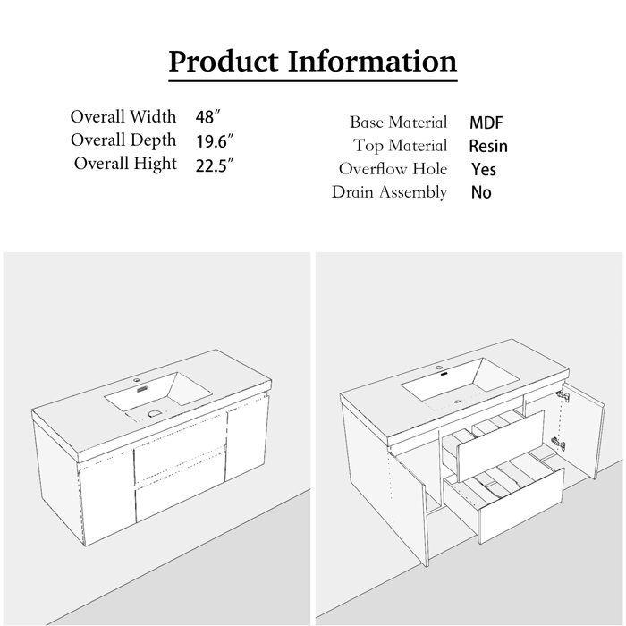 Orren Ellis 48" Wide WallMounted 2drawer Bathroom Vanity Set with
